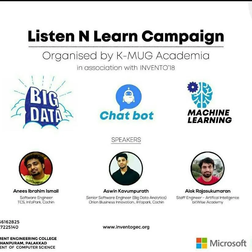 GEC Sreekrishnapuram, Palakkad — K-MUG Academia × INVENTO'18: Bots, NLP & LUIS (4 sessions)